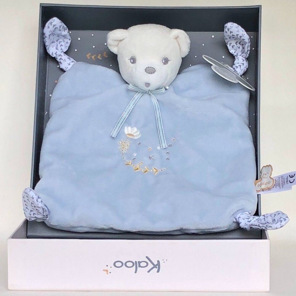 NIB Kaloo New Blue Bear Doudou /Lovey/Security blanket w/ Knots  & Gift Box 0+